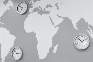 Time zone watches on a worldwide map. Global trade business
