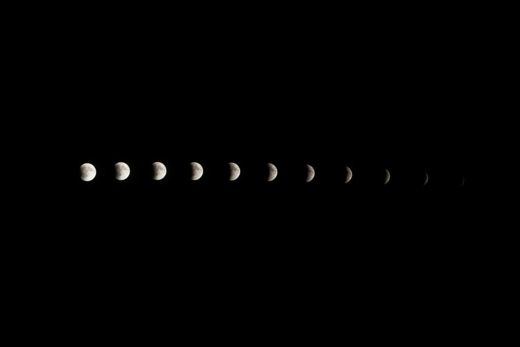 Movement and timeline of moon phases, transform of total lunar eclipse at night