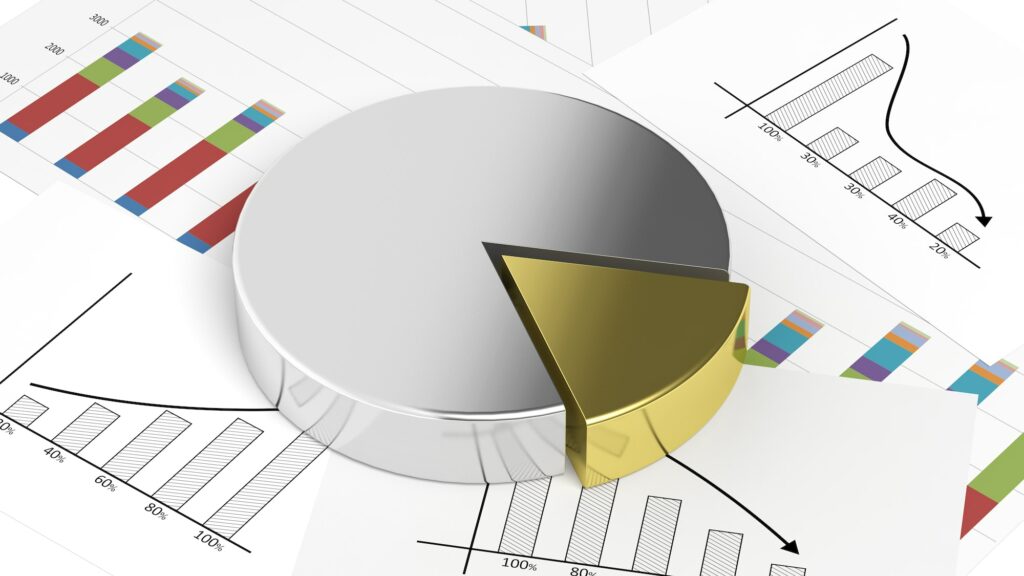 Silver and gold business pie chart on documents