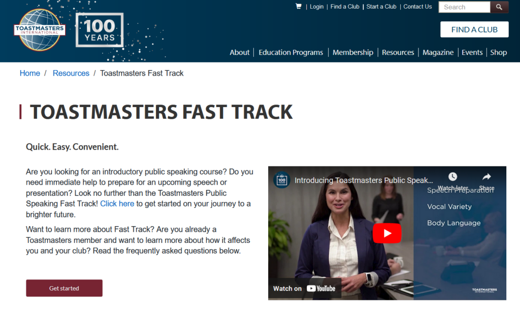 Toastmasters Fast Track Free publicly available online course teaching you the basic presentation skills